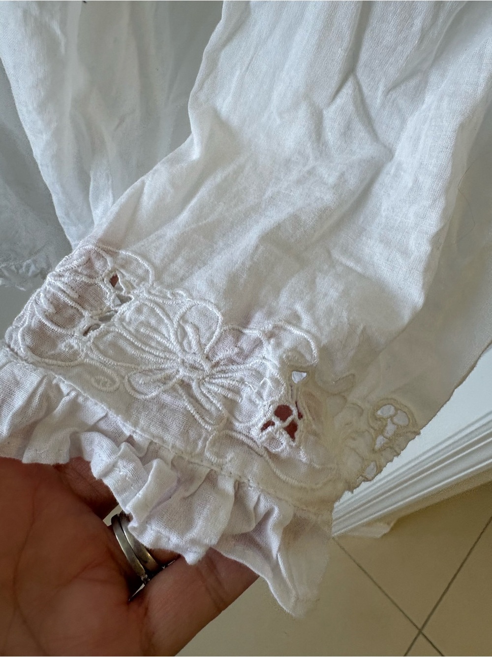 White Cotton Boho Swim Cover Up Dress Small Ruffle Trim Beach Resort Cottagecore - Picture 4 of 6